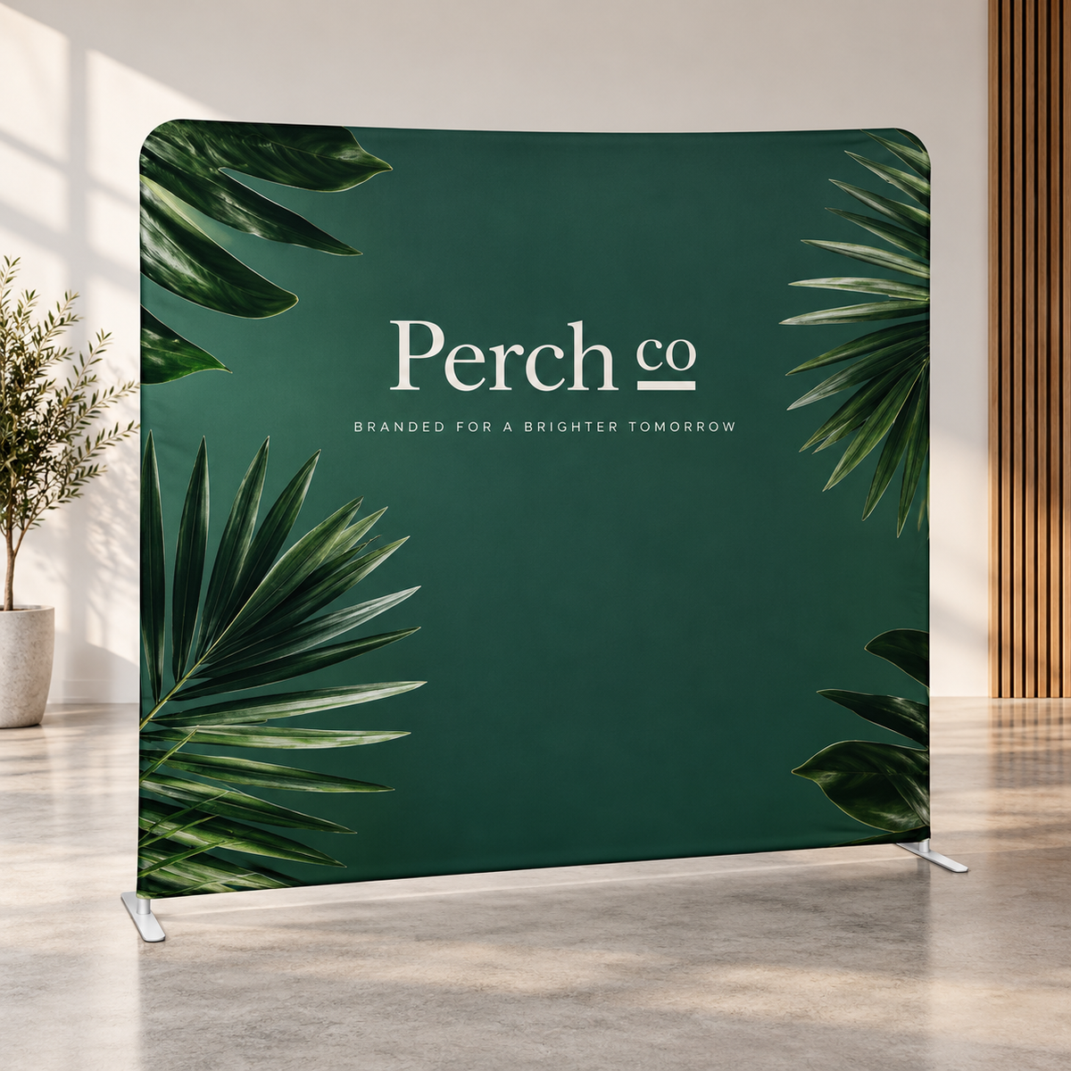 Branded fabric display wall with a full-colour printed graphic, free-standing on its own feet