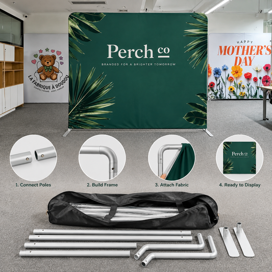 Fabric display wall assembly in four steps with the frame poles, feet and carry bag