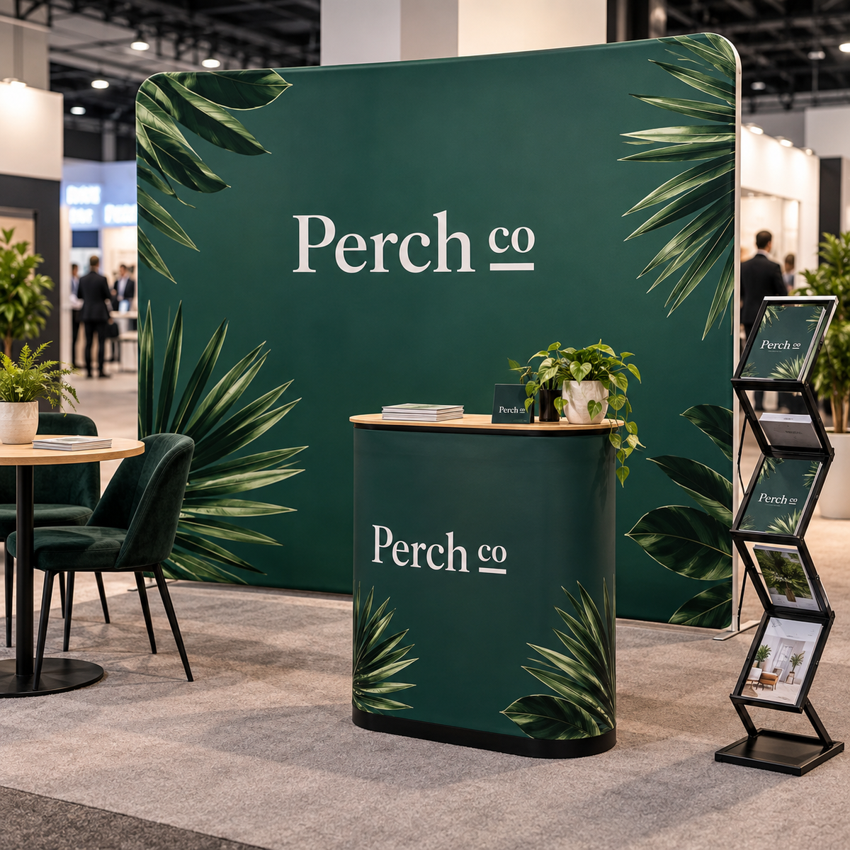 Branded fabric display wall set up as an expo booth backdrop behind a counter