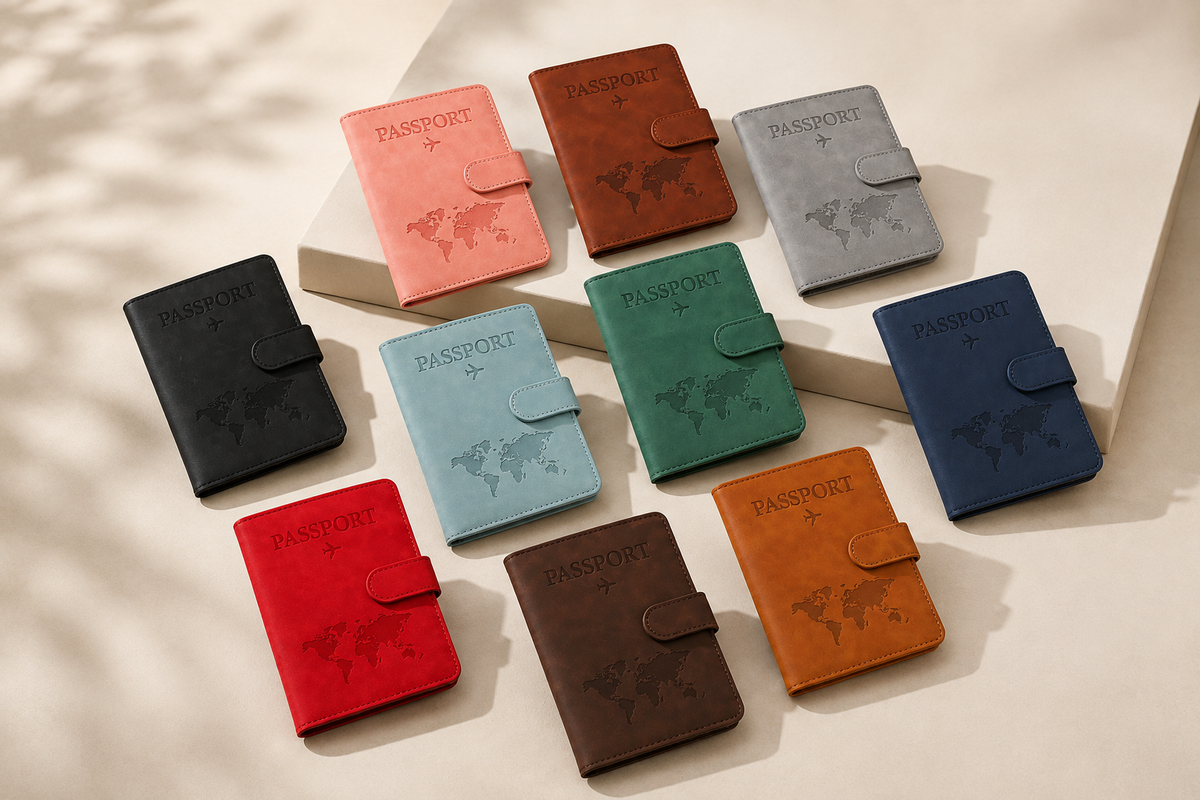 Passport covers with snap closure and embossed world map in ten colours
