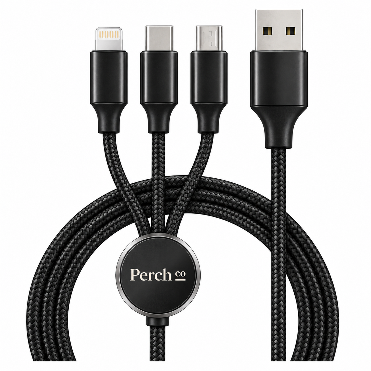 Braided 3-in-1 charging cable with USB-C, Lightning and Micro-USB tips and a branded round housing