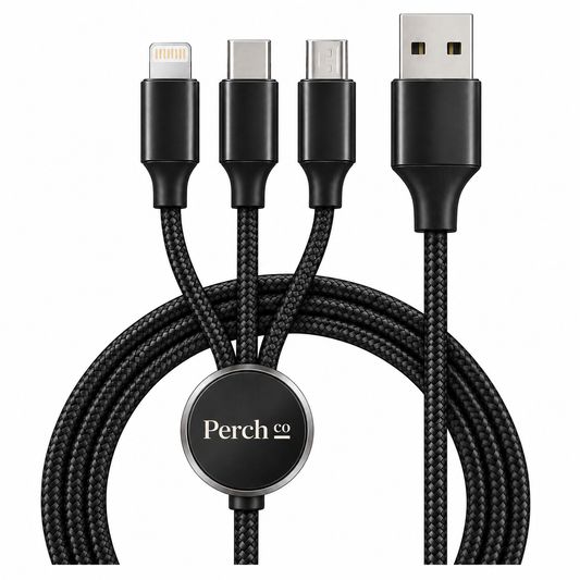 Braided 3-in-1 charging cable with USB-C, Lightning and Micro-USB tips and a branded round housing