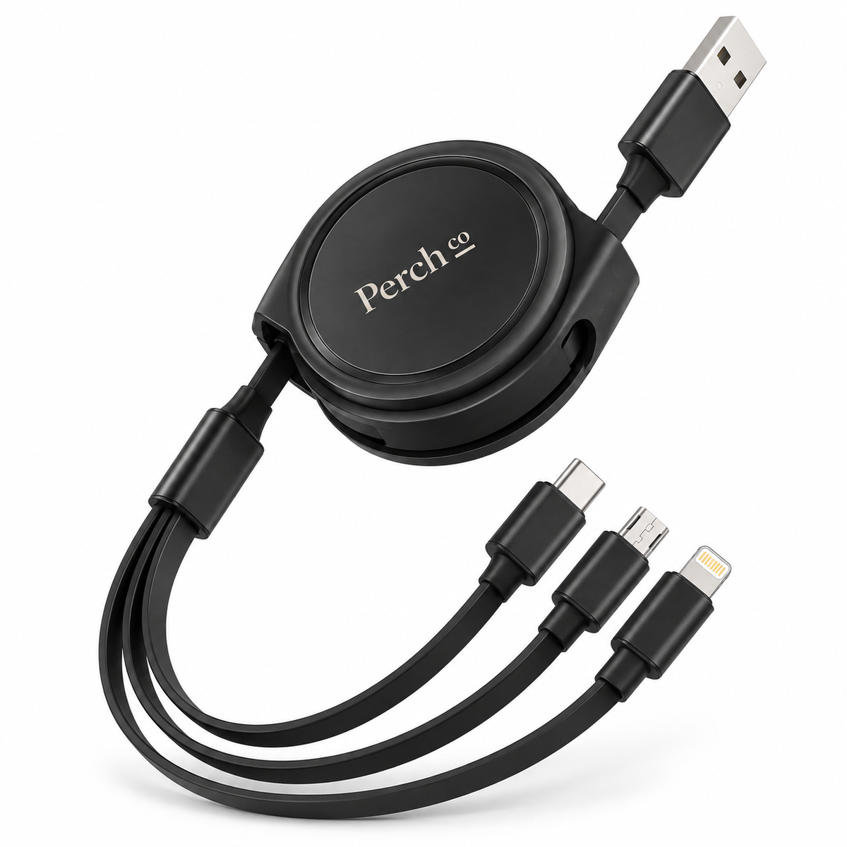 Retractable 3-in-1 charging cable wound into a branded spool