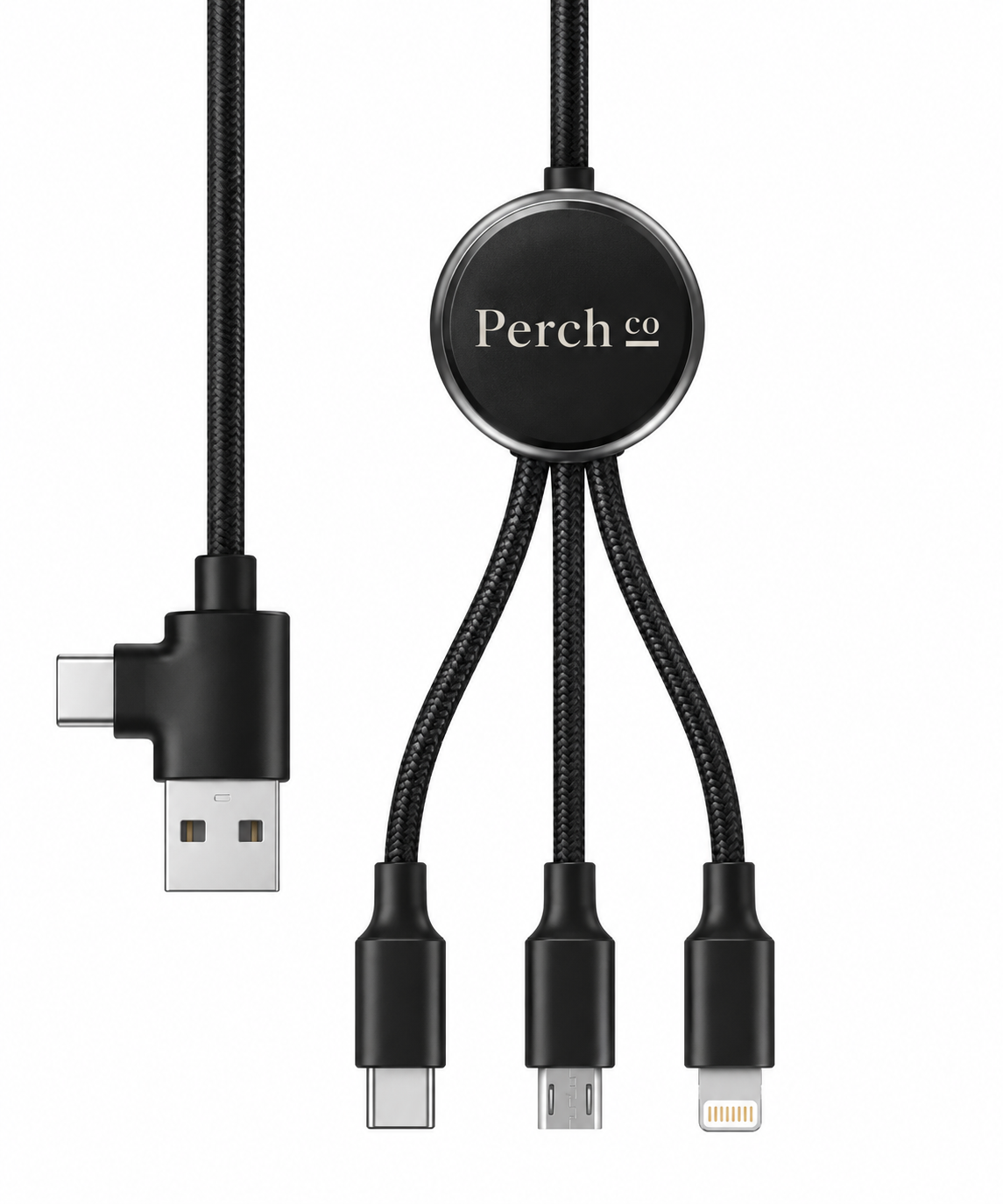 Light-up logo 3-in-1 charging cable with a combined USB-A and USB-C input plug