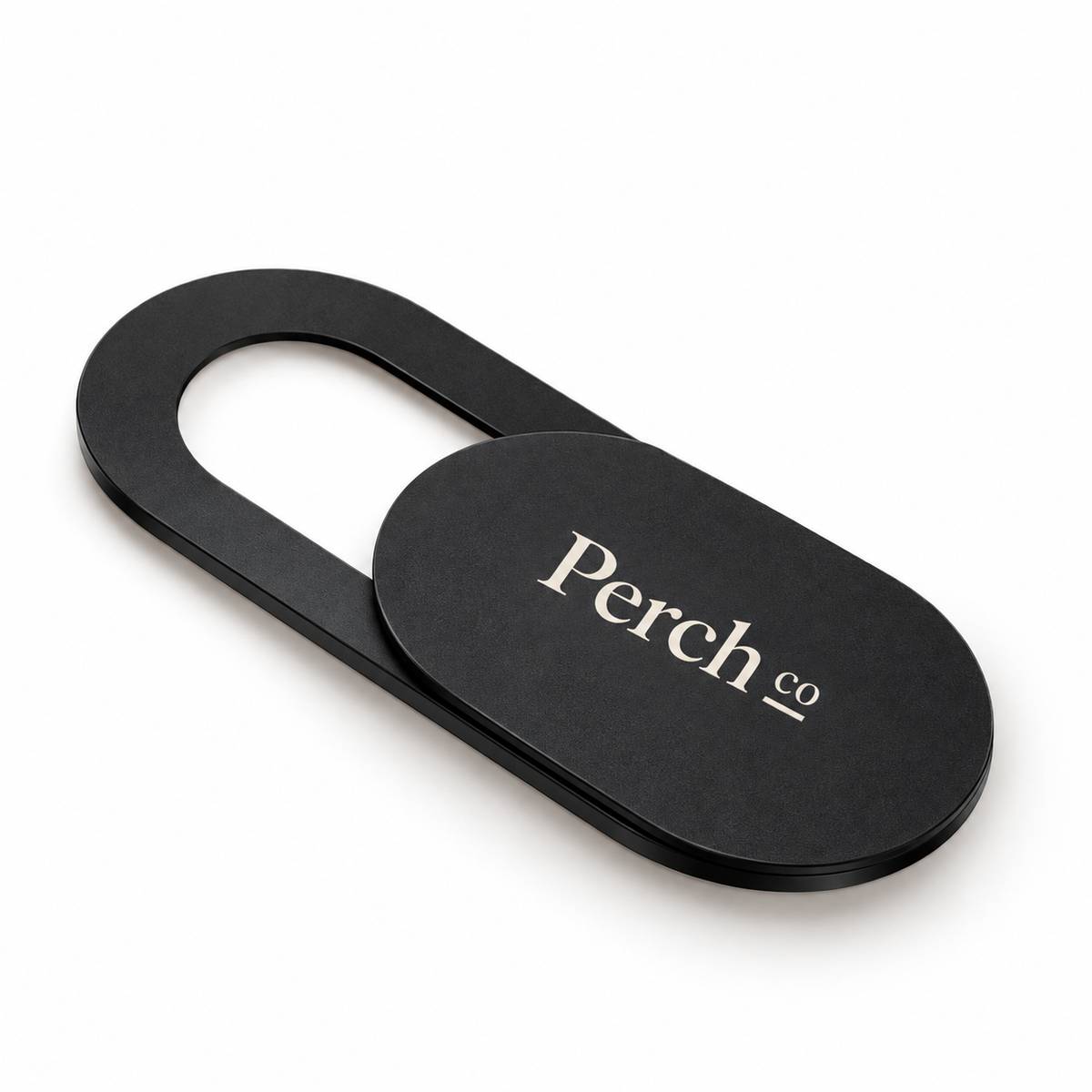 Black sliding webcam cover with printed logo