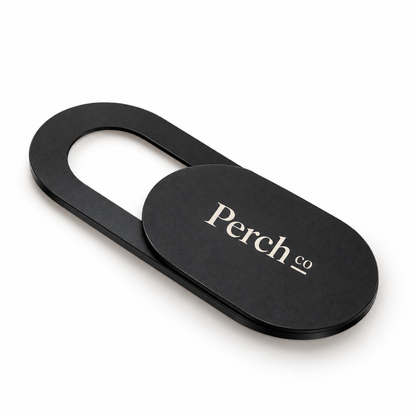 Black sliding webcam cover with printed logo
