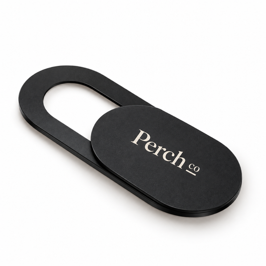 Black sliding webcam cover with printed logo