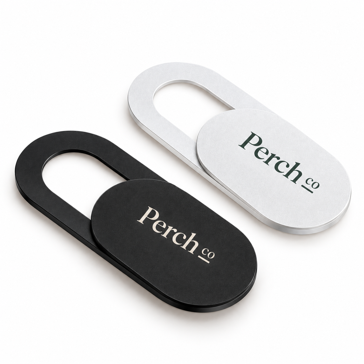 Sliding webcam covers in black and white, both with printed logos