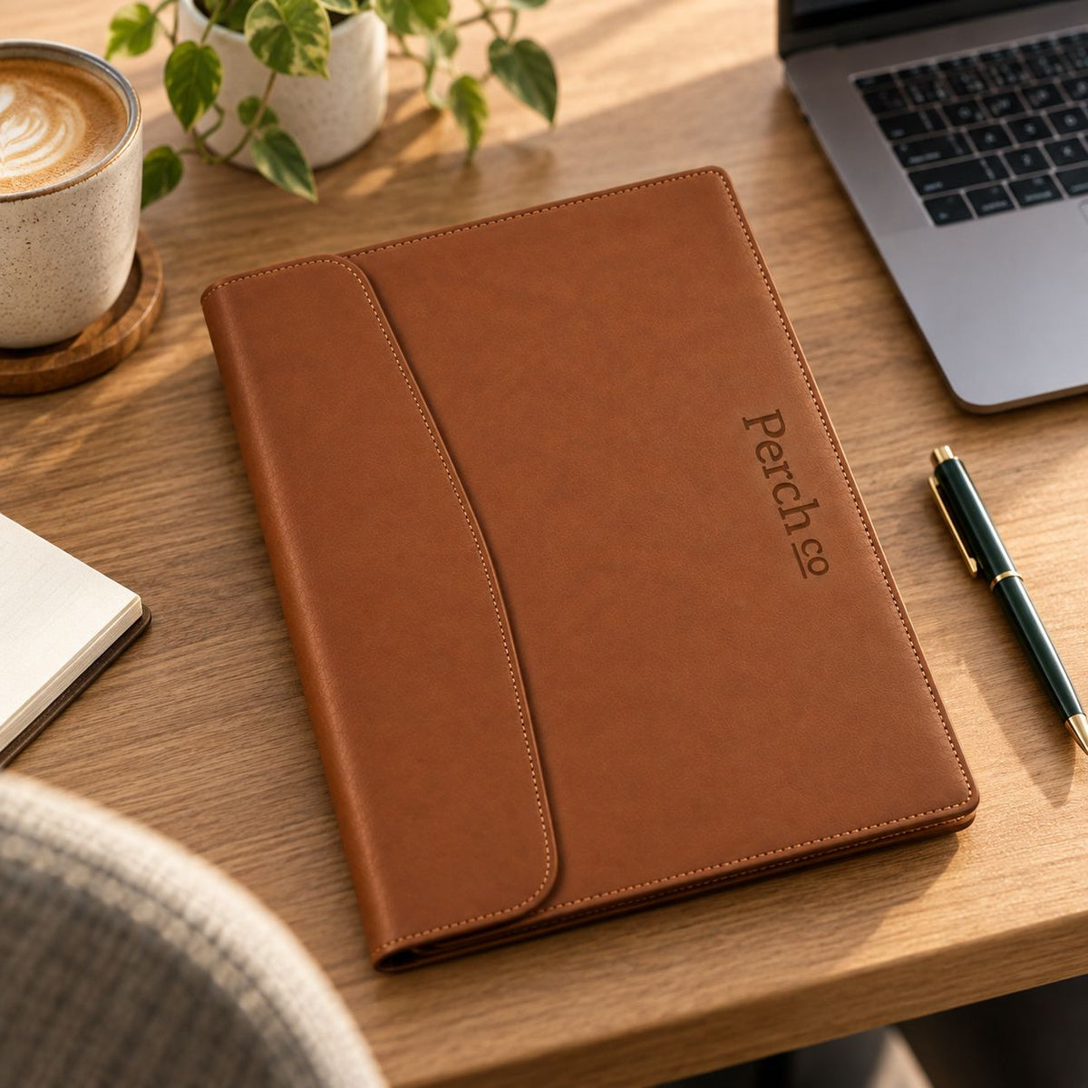 Brown stitched envelope folder with a debossed logo on a desk