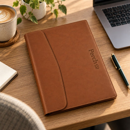Brown stitched envelope folder with a debossed logo on a desk