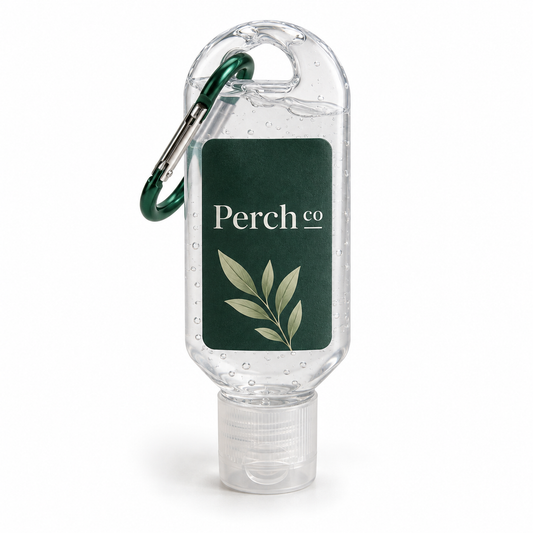 50ml hand sanitiser with carabiner clip and full-colour branded label