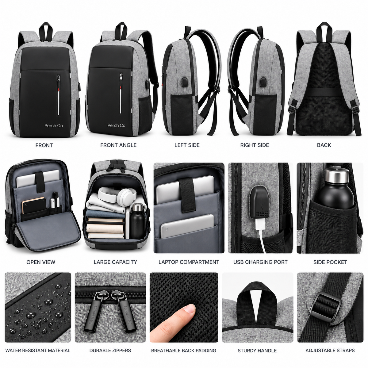Contrast laptop backpack features: open view, laptop compartment, USB port, side pocket and padded straps