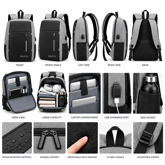 Contrast laptop backpack features: open view, laptop compartment, USB port, side pocket and padded straps