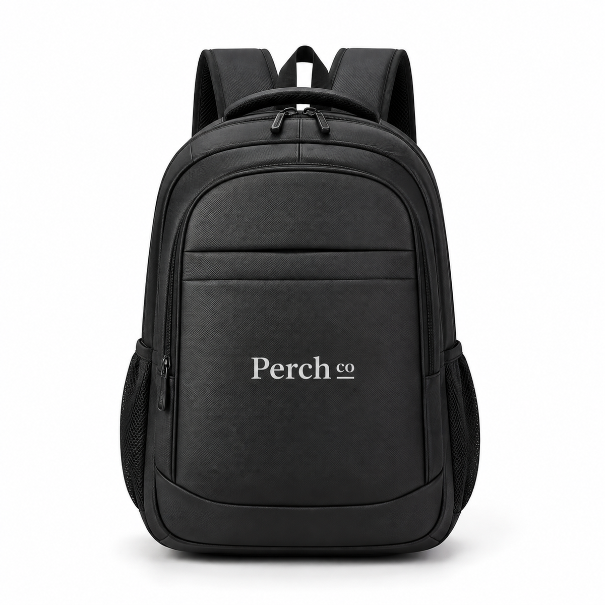 Black 2-pocket laptop backpack with printed logo