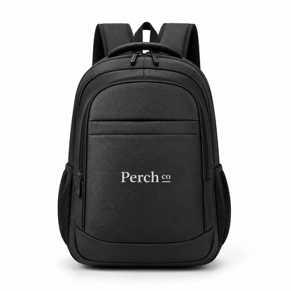 Black 2-pocket laptop backpack with printed logo