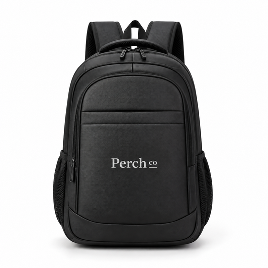 Black 2-pocket laptop backpack with printed logo