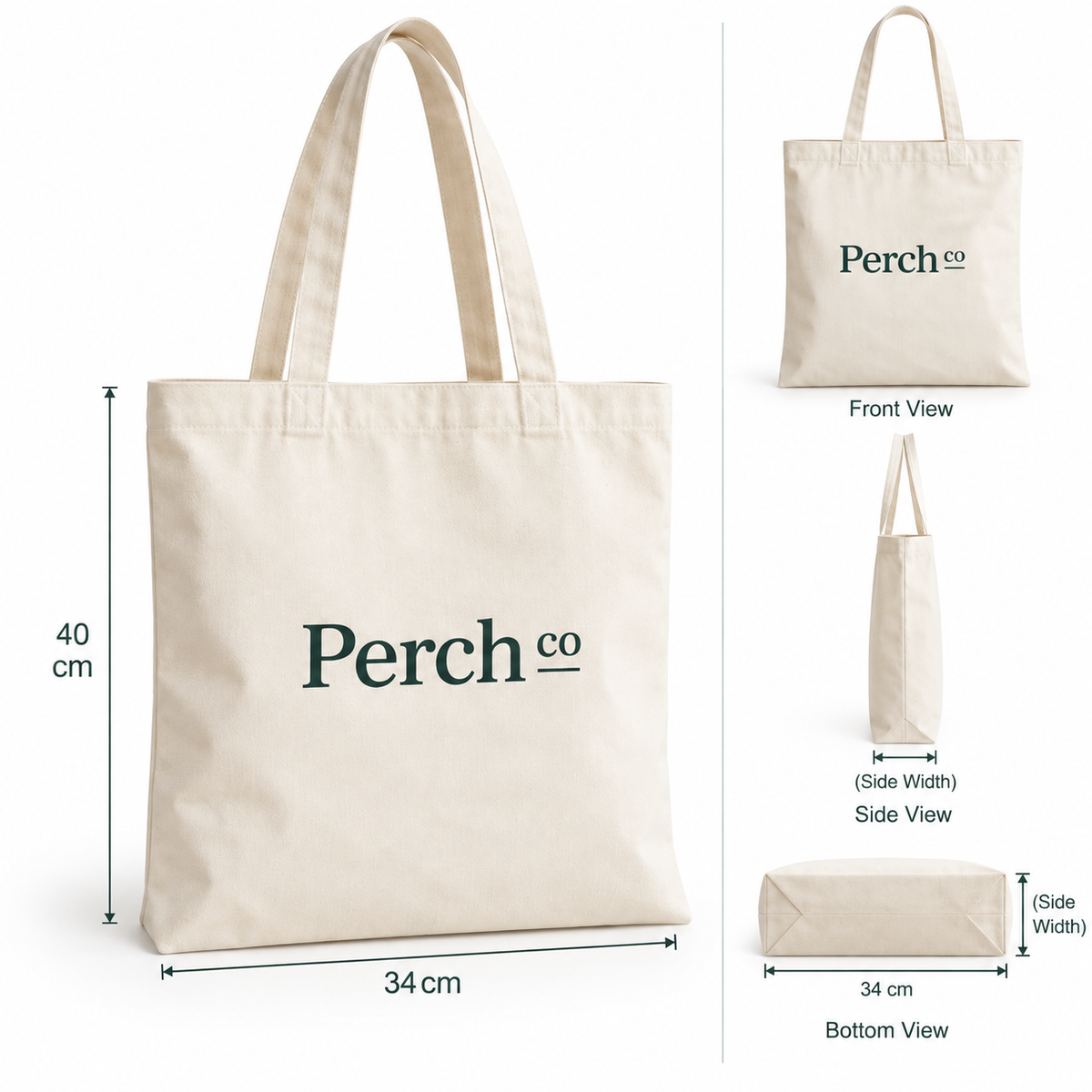 Shoulder tote bag shown from the front, side and bottom