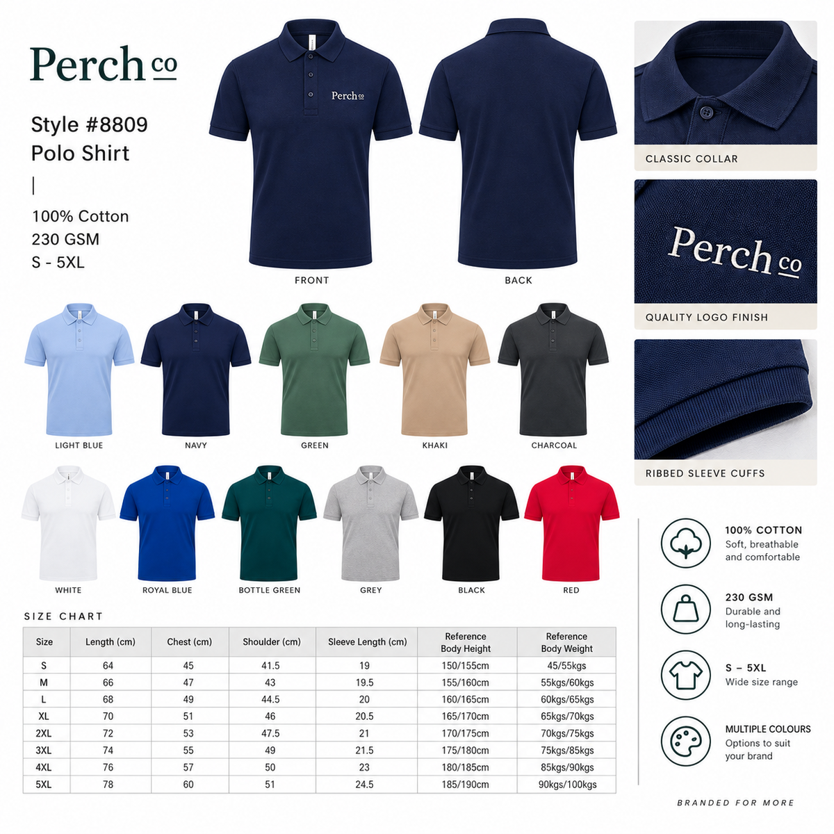 Polo shirt colour range and size chart, S to 5XL
