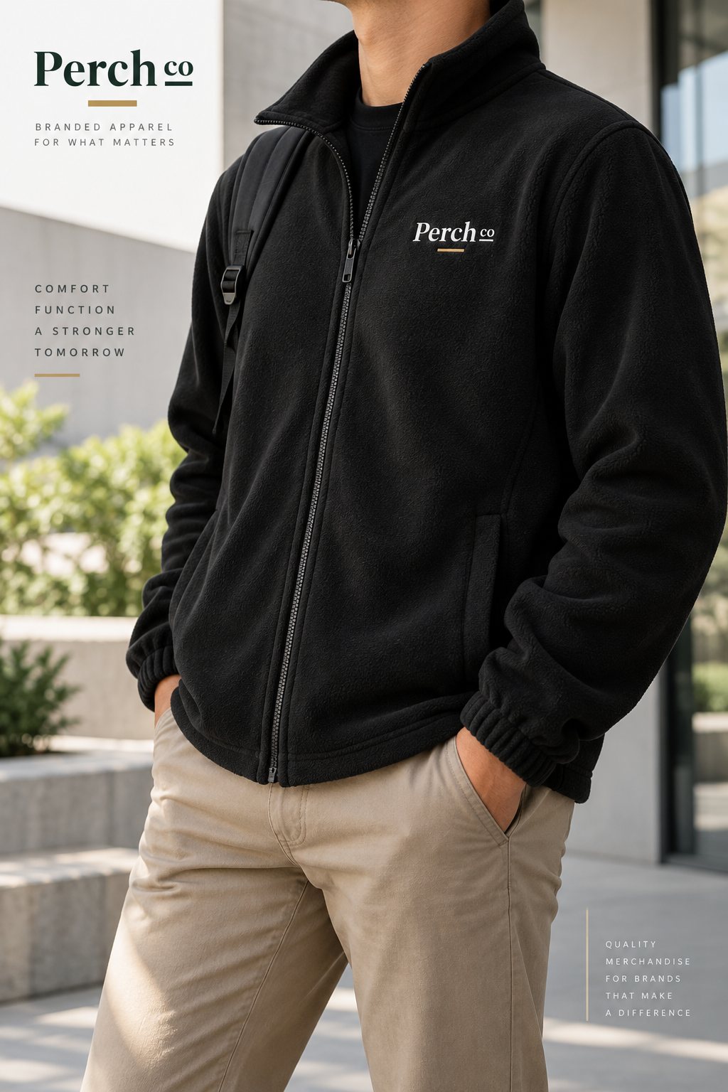 Black fleece jacket worn outdoors
