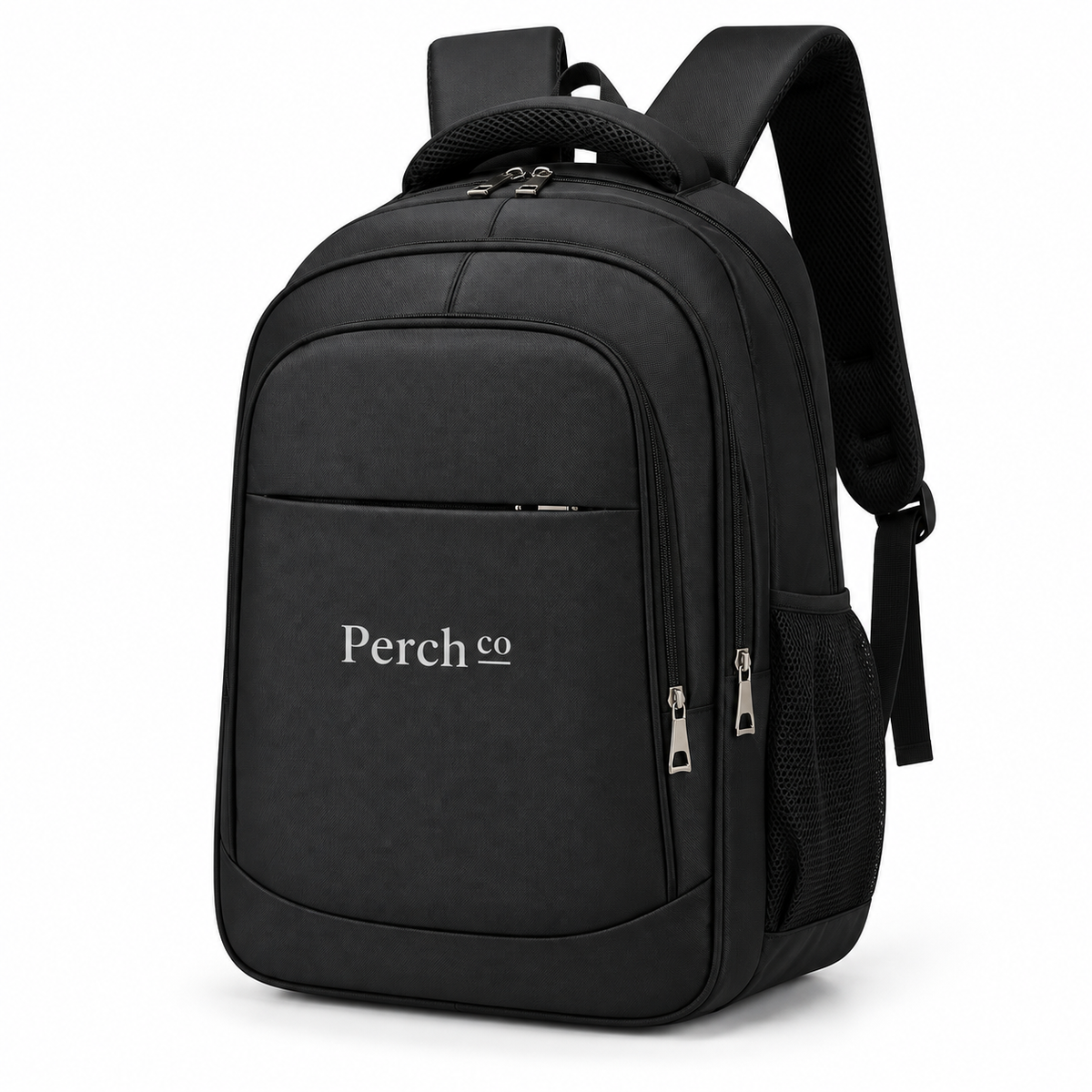 Black 7-pocket laptop backpack with printed logo