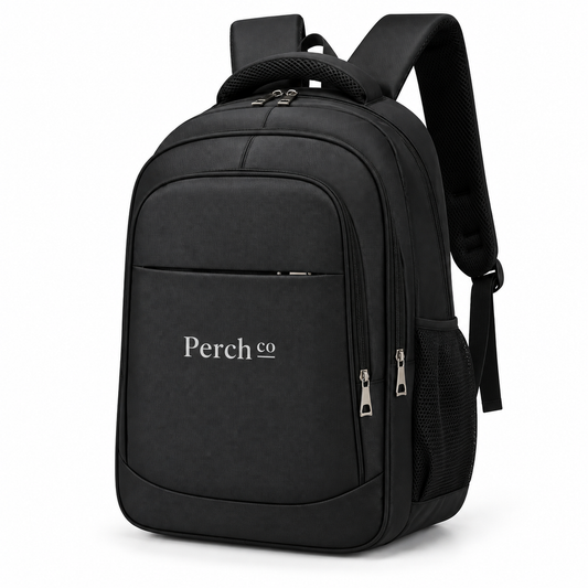 Black 7-pocket laptop backpack with printed logo