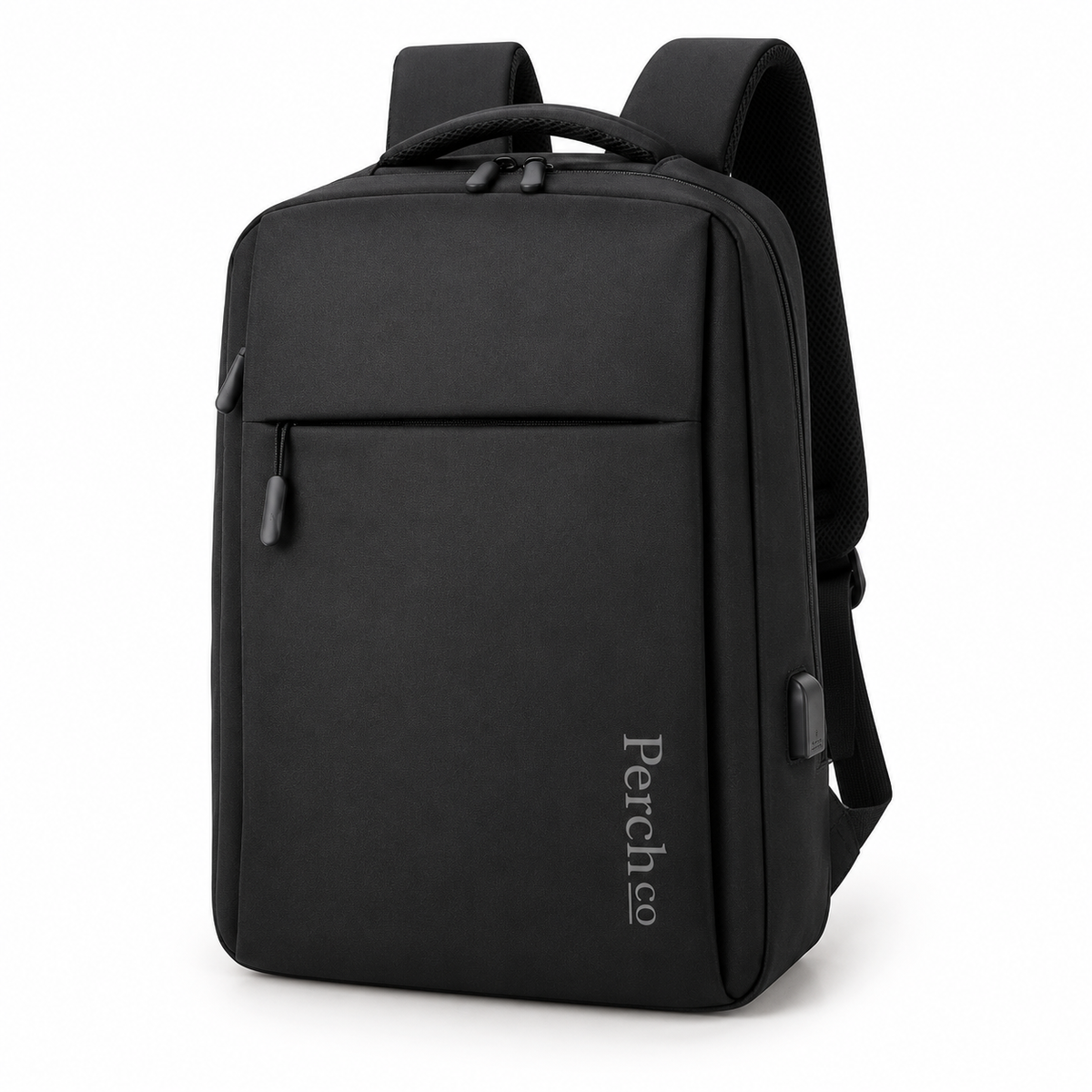 Black flat-opening laptop backpack with printed logo and USB port