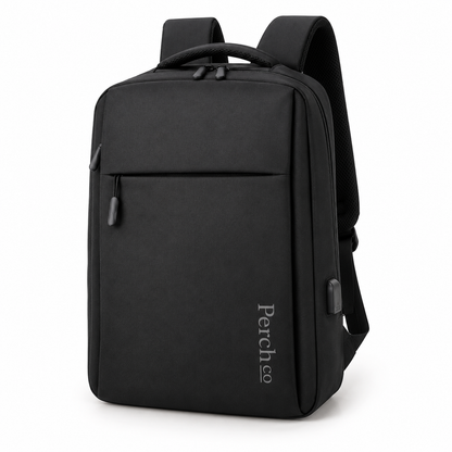 Black flat-opening laptop backpack with printed logo and USB port
