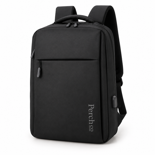 Black flat-opening laptop backpack with printed logo and USB port