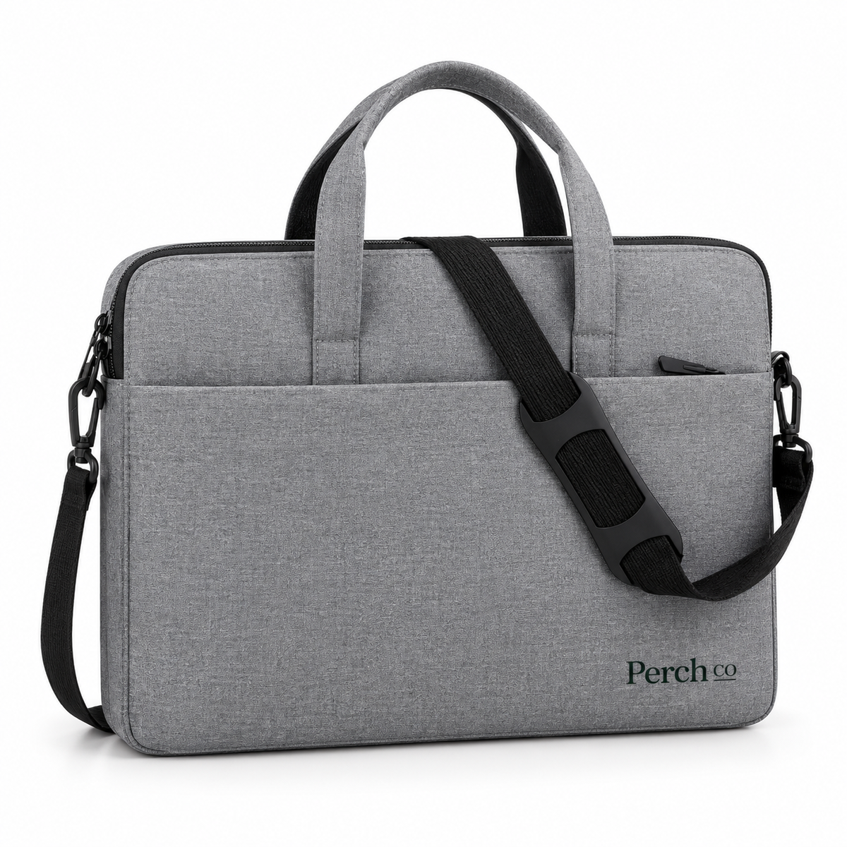 Grey slim laptop bag with shoulder strap and printed logo