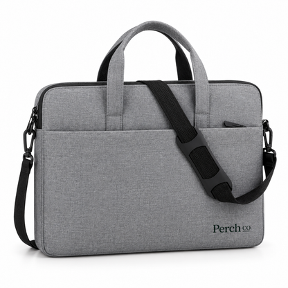Grey slim laptop bag with shoulder strap and printed logo