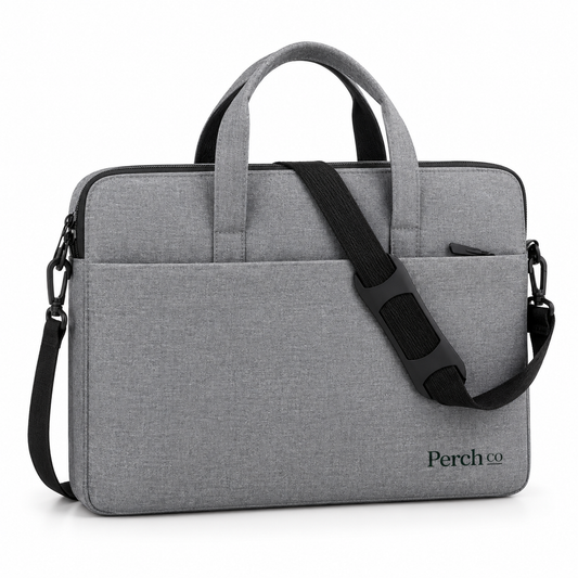 Grey slim laptop bag with shoulder strap and printed logo