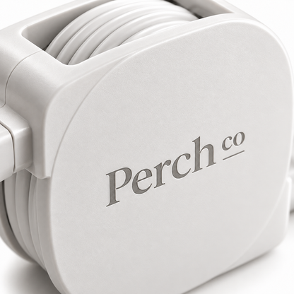 Close-up of the printed logo on the white charging cable housing