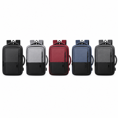 Colour-block business backpack in black, light grey, red, navy and charcoal