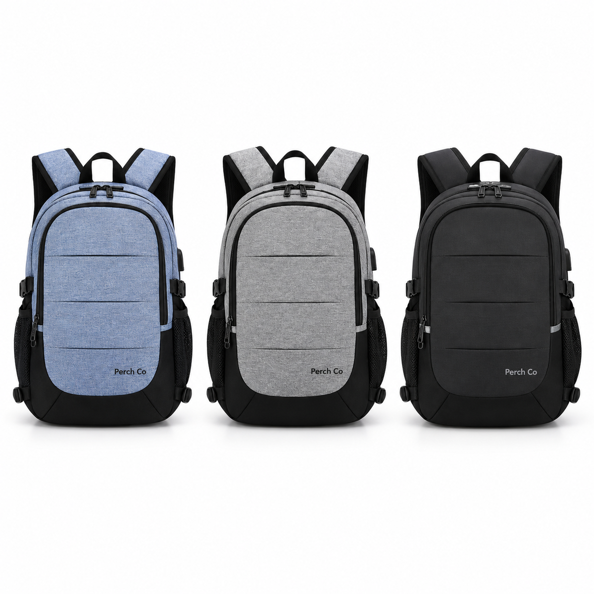 Two-tone laptop backpack in blue, grey and black