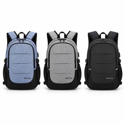 Two-tone laptop backpack in blue, grey and black