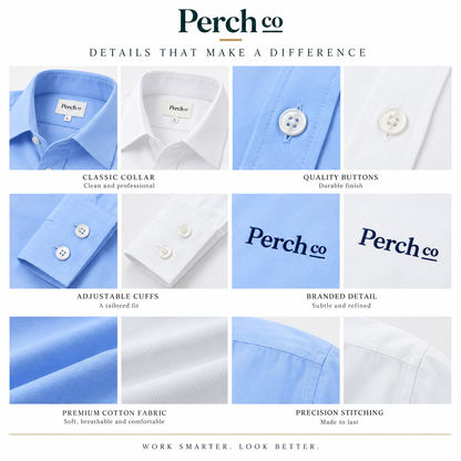 Work shirt details: classic collar, buttons, adjustable cuffs and embroidered branding