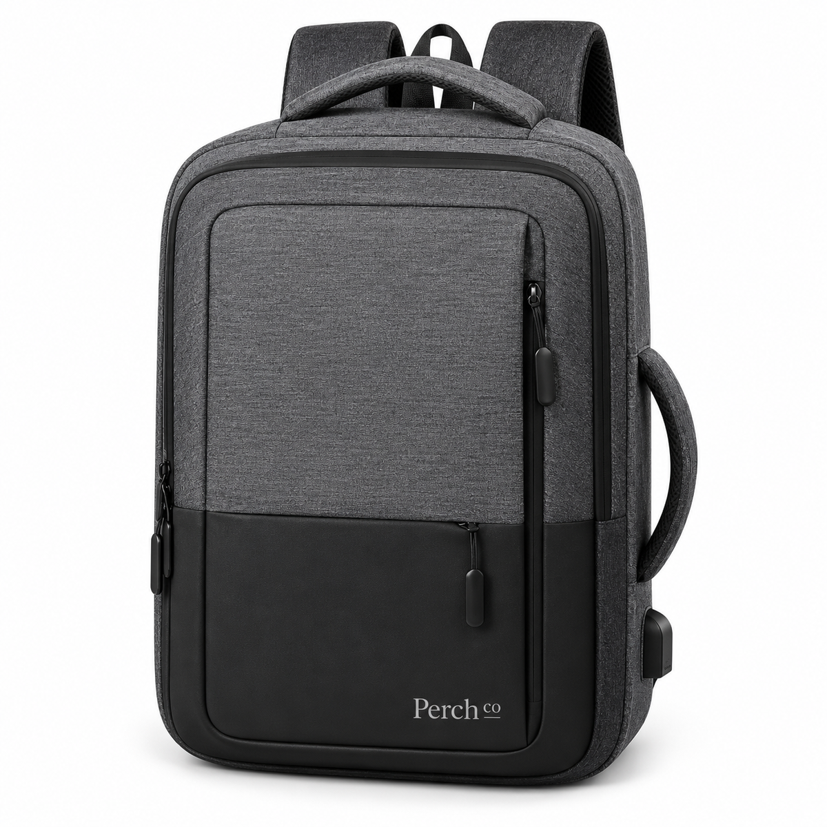 Charcoal and black colour-block business backpack with USB port