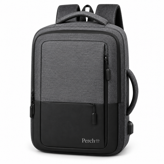 Charcoal and black colour-block business backpack with USB port