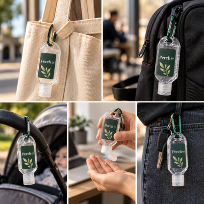 Hand sanitiser clipped to a tote, backpack, pram and keys