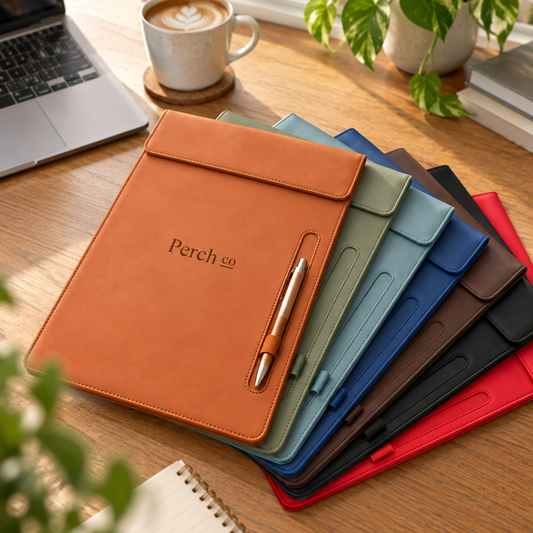 A4 folders with pen loop fanned out on a desk in orange, sage, light blue, blue, brown, black and red