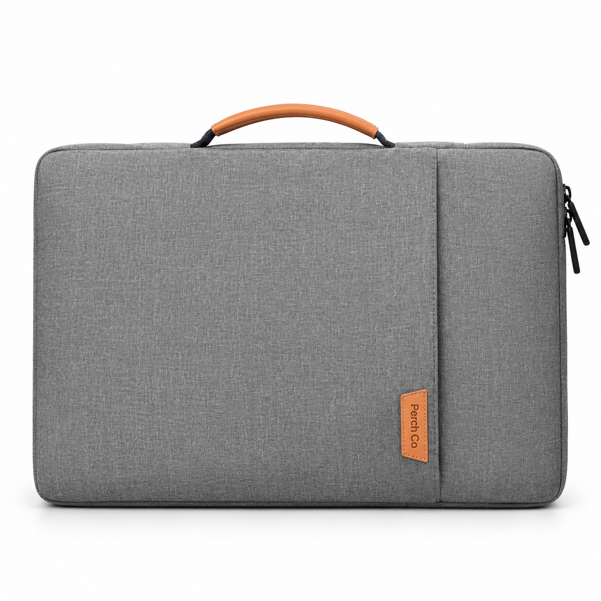 Grey padded laptop sleeve with tan handle and printed logo