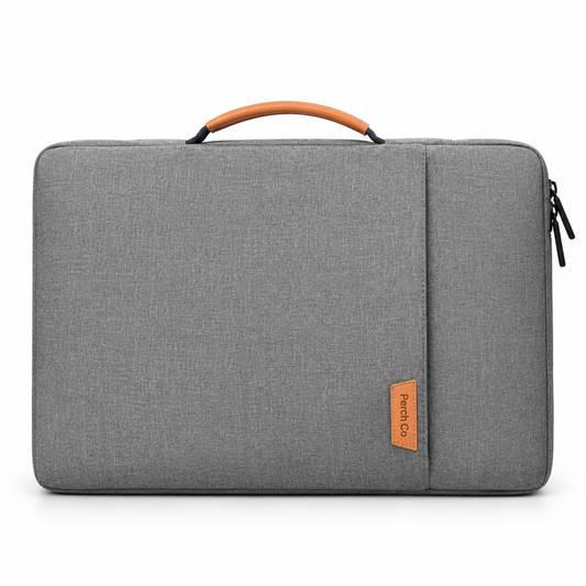 Grey padded laptop sleeve with tan handle and printed logo