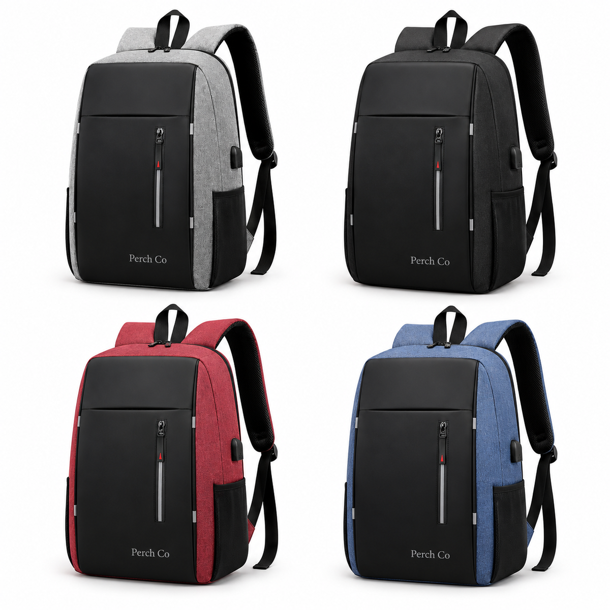 Contrast laptop backpack with grey, black, red and blue sides