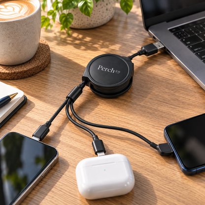 Black retractable charging cable charging a phone and earbuds from a laptop