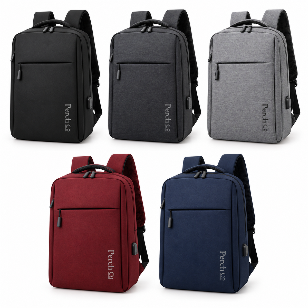Flat-opening laptop backpack in black, charcoal, light grey, burgundy and navy