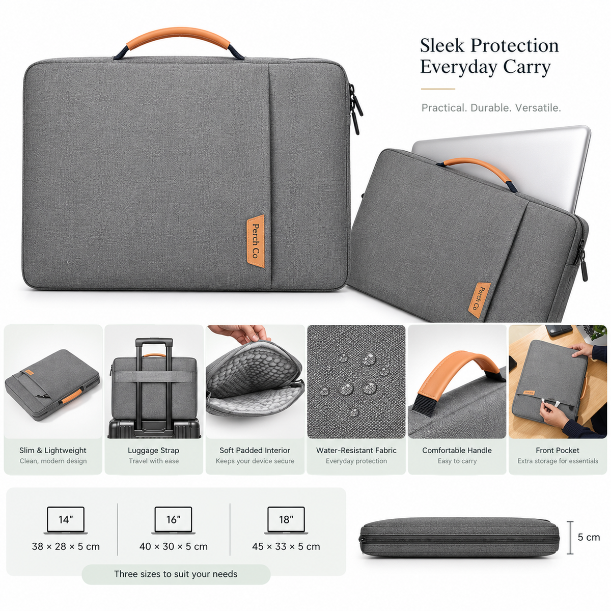 Padded laptop sleeve features: luggage strap, padded interior, water-resistant finish and front pocket