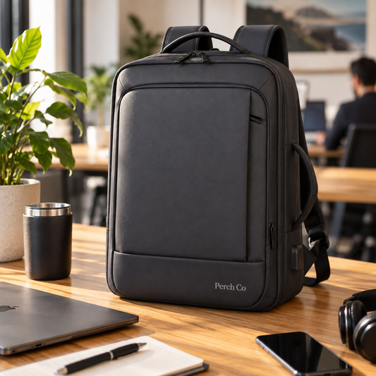 Slim business backpack on an office desk
