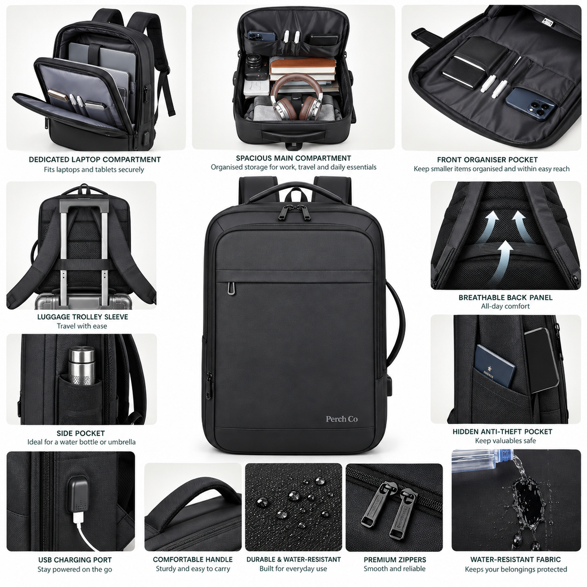 Expandable business backpack features: laptop compartment, organiser pocket, trolley sleeve, USB port and anti-theft pocket