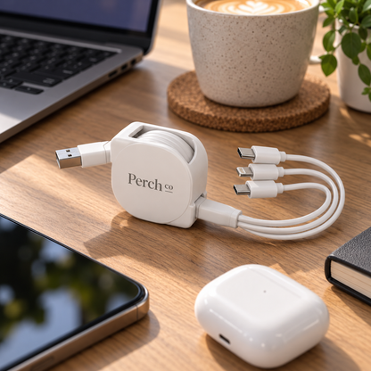 White retractable charging cable on a desk beside earbuds