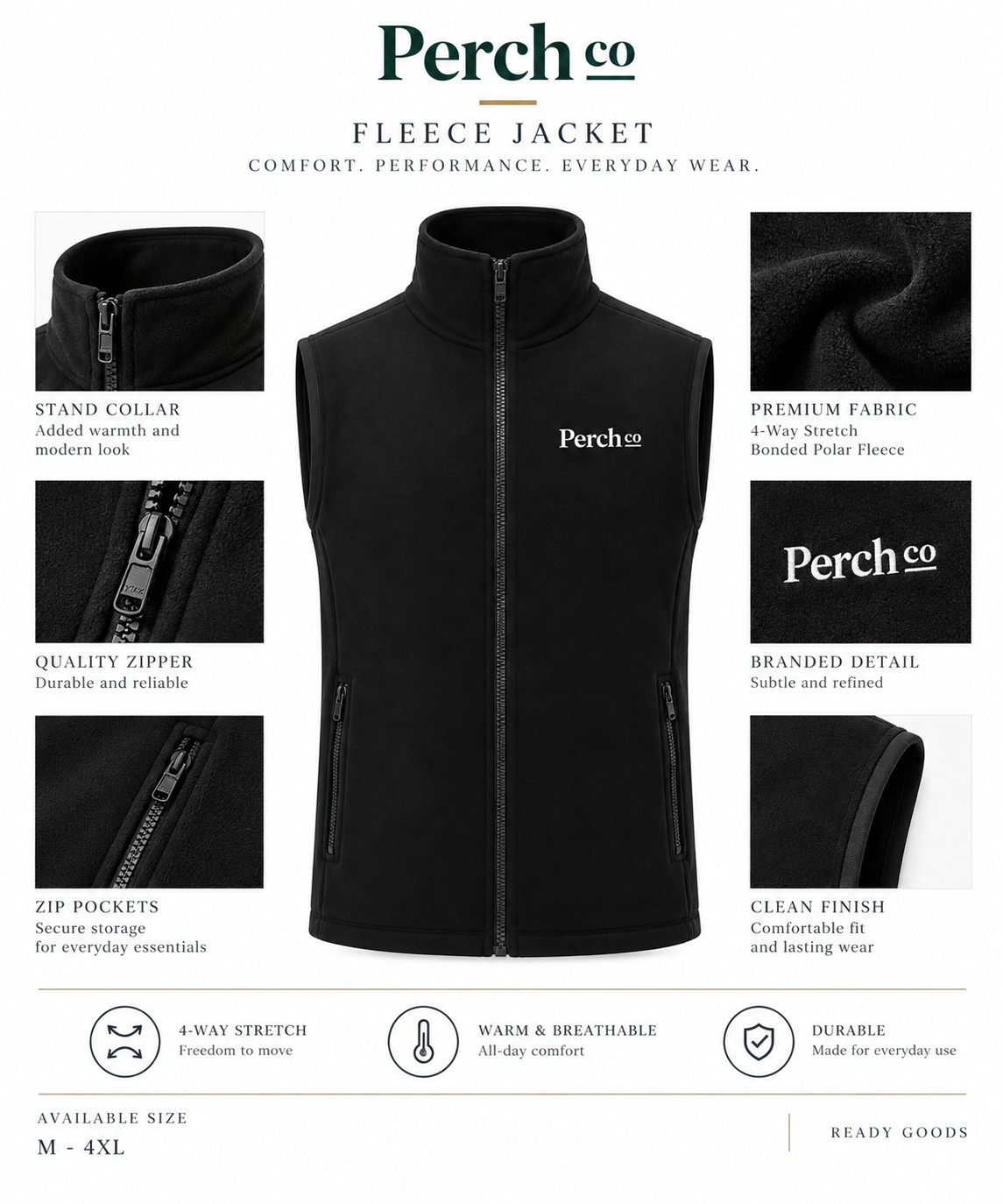 Bonded fleece vest details: stand collar, zip pockets and bonded polar fleece lining